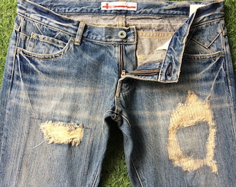 Y2K Low Rise Flare Jeans, Distressed Ripped Denim, Waist 34, Hips 45