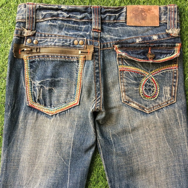 Size 27 Y2K Low Rise Distressed Flare Jeans W30 L30 Japanese Denim, Vintage Low Waist Flared Denim Pants, waist 30"