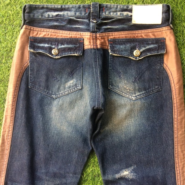 Size 28 Japan Two Tone Side Panel Jeans W28 L32 Distressed Denim Straight Leg Japanese Jeans, Medium, waist 28"