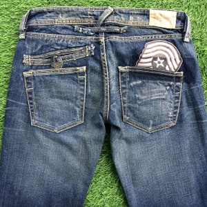 Size 26 Y2K Low Rise Distressed Flare Jeans W28 L31 Bootcut Denim, Vintage Low Waist Flared Denim Pants, waist 28&quot;