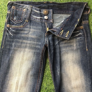 y2k medium blue wash 2000’s grunge style low-rise embellished embroidered bootcut flare jeans