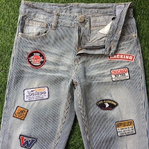 Hickory Streifen Denim Patched Jeans, 60er 70er Jahre Boho Mod Style, Taille 31