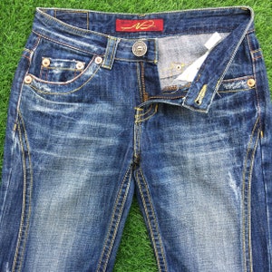 Size 26 Y2K Low Rise Distressed Flare Jeans W27 L29 Japanese Denim, Vintage Low Waist Flared Denim Pants, waist 27&quot;