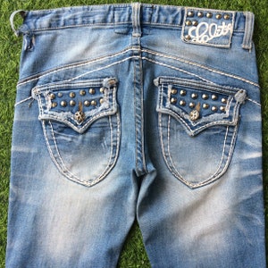 Size 26 Japanese Jeans light blue wash 2000’s grunge style low-rise embellished slim tapered jeans