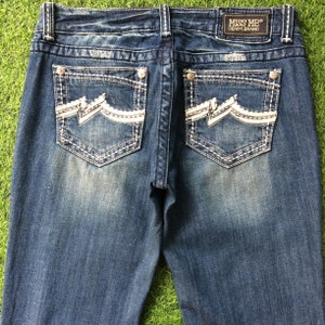 Miss Me medium blue wash 2000’s grunge style low-rise embellished embroidered slim straight jeans