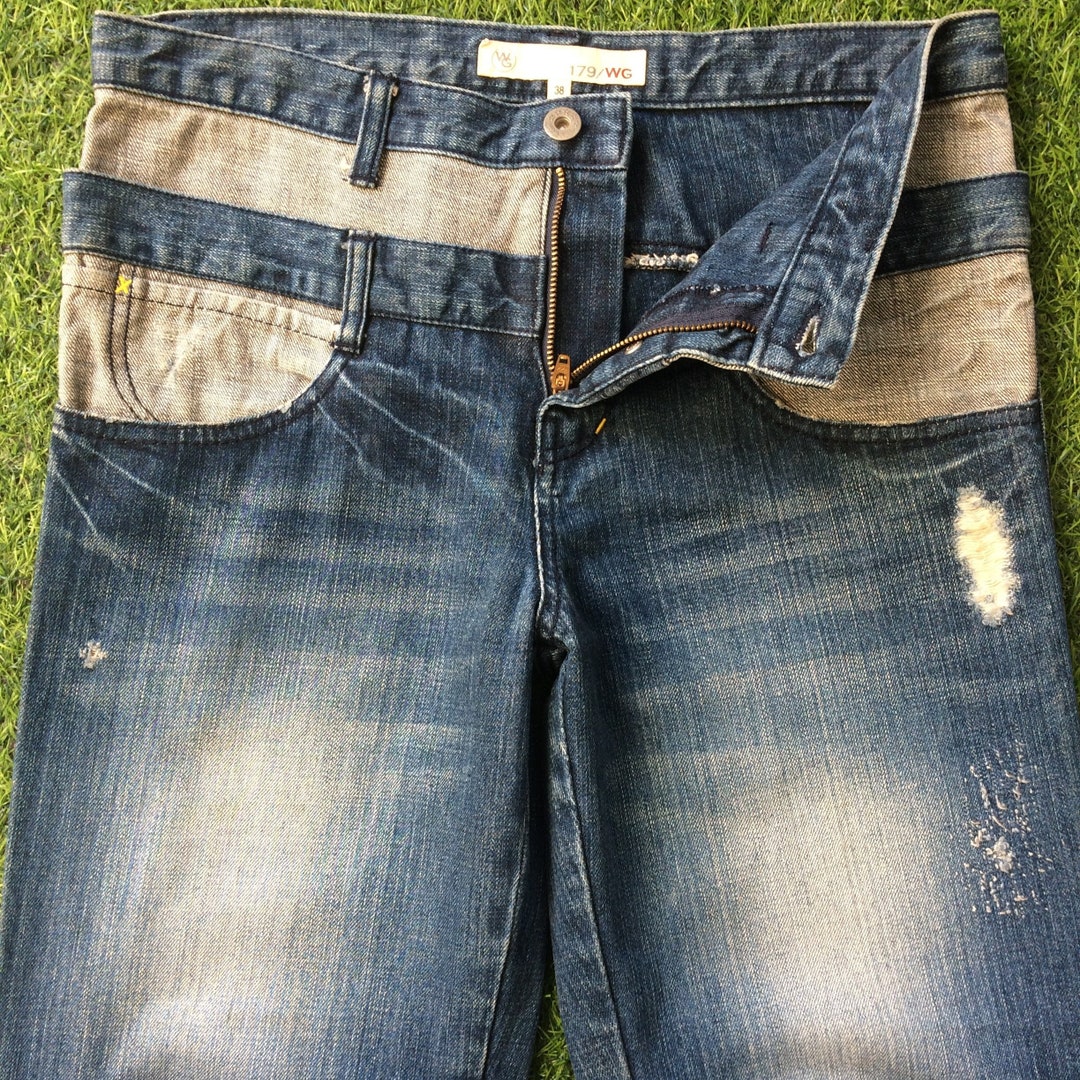 Distressed Two Tone Denim Jeans, Double Waist, Straight Leg (W31) - Etsy