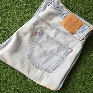 Size 34 Vintage Distressed Levis 501 Painted Jeans W34 L30 Light Wash Rigid Denim Classic Fit Straight Leg Button Fly Jeans Waist 34&quot;