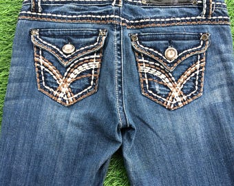 Y2K Low Rise Bootcut Jeans Women 28 Thick Stitch Blue Denim