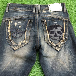 Size XS Y2K Low Rise Distressed Flare Jeans W29 L34 Japanese Denim, Vintage Low Waist Flared Denim Skull Jeans, waist 29&quot;