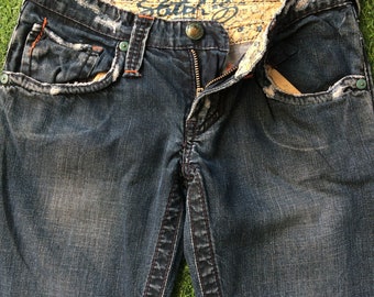 Y2K Low Rise Distressed Flare Jeans, Vintage Low Waist Flared Denim Pants, measured 26"