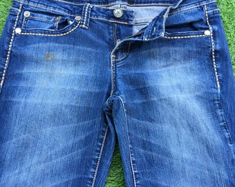 Y2K Low Rise Flare Jeans, Distressed Denim Pants, Waist 32"
