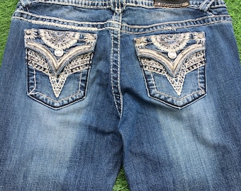 Y2K Distressed Low Rise Flare Jeans, Embellished Denim W32 L32