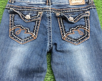 Vintage Y2K Western Bootcut Jeans W28 – Thick Stitch Contrast Denim, Embroidered Pocket Low Rise Flare Jeans, Cowgirl Style Denim Pants