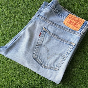 Size 35 Vintage Distressed Levis 505 Ripped Jeans W35 L30 Light Wash Rigid Denim Regular Fit Straight Leg Red Tab Jeans Waist 35"