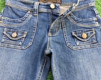 Size XS Y2K Low Rise Distressed Flare Bush Jeans W27 L28, Vintage Low Waist Flared Denim Bush Pants, waist 27"