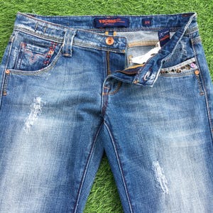 Y2K Low Rise Distressed Embellished Bootcut Jeans W29 L32, Vintage Low Waist Flared Denim Pants, waist 29&quot;