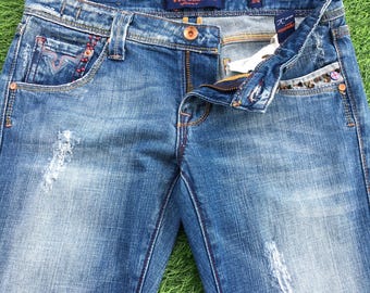 Vaqueros bota de tiro bajo estilo años 2000, vaqueros desgastados con adornos, talla W29 L32