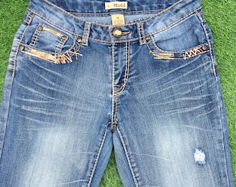Y2K Low Rise Flare Jeans, New West Embellished Distressed Bootcut, W26