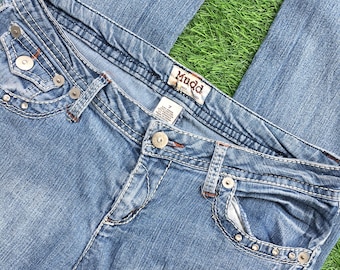 Größe 7 Y2K Verschönerte Bootcut Jeans W29 L32 Bestickte Tasche Faded Light Wash Denim Flare Jeans mit weitem Bein, Taille 73 cm