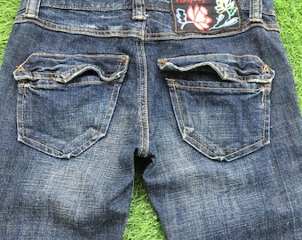 Vaqueros ajustados desgastados de tiro bajo Y2K, denim japonés (W28 L32)