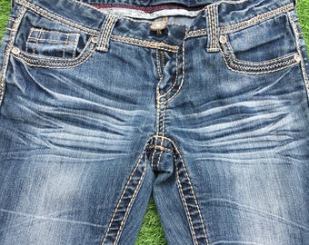 Vintage Y2K Low Rise Flare Jeans, Distressed Denim W28 L32