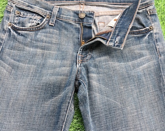 LOW RISE Y2K JEANS Faded Denim Women 7 For All Mankind U S A Usa Made Flares, 36 Inch Hips, Waist 29" - Medium