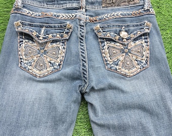 Y2K Bold Stitch Slim Bootcut Jeans W27 L33 Cross Embellished Faded Light Wash Denim Flare Wide Leg Jean, Waist 27"