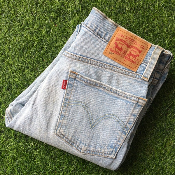 Size 26 Vintage Distressed Levis 501 Jeans W26 L30 Light Washed Butter Soft Denim Slim Fit Tapered Leg Stretch Jeans, Waist 26"