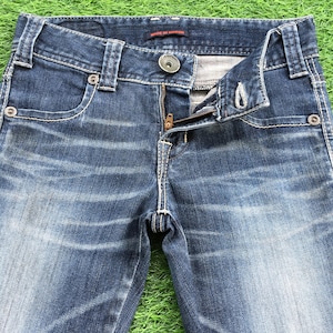 Y2K Low Rise Distressed Kick Flare Jeans W27 L26 Japanese Denim, Vintage Low Waist Flared Denim Pants, waist 27&quot;