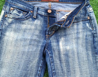 Pantalones vaqueros de corte bota desgastados de tiro bajo estilo Y2K, talla W27 L32, pantalones vaqueros acampanados de mezclilla vintage