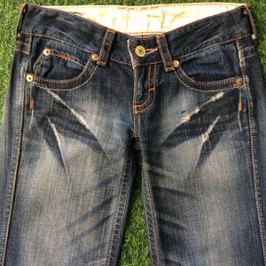 Distressed Japanese Bootcut Jeans W28 L32 Vintage Low Waist Flared Wide Leg Denim Pants, Waist 28&quot; Small