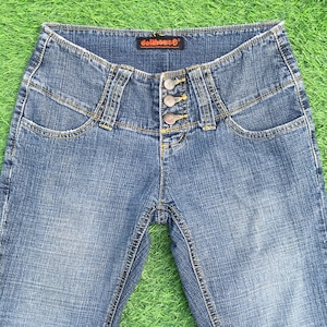 Y2K låg midja, slitsad fåll, bootcut-jeans W28 L31, dam, 3-knappsstängning