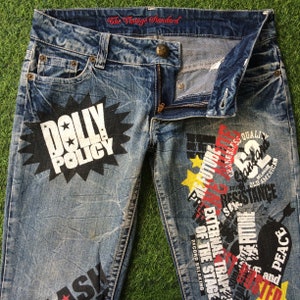 Distressed Painted Jeans Hysteric Style Straight Leg Spell Out Printed Japanese Jeans, Large 32&quot;