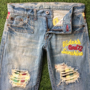 Size 33 Big Spell Out Embroidered Jeans W33 L31 Distressed Checkered Patches Denim Straight Leg Japanese Jeans, Large, waist 33&quot;
