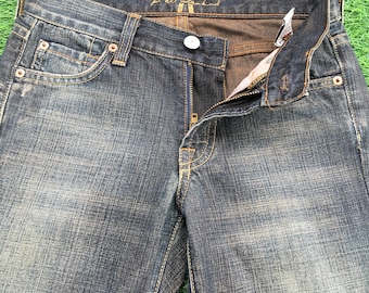 LOW RISE Y2K JEANS Faded Denim Women 7 For All Mankind U S A Usa Made Flares, 32.5 Inch Hips, Waist 25" - xxs