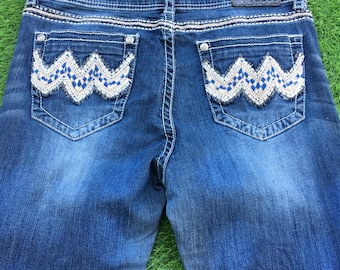 Y2K Aztec Embroidered Flare Jeans, Distressed Western Bootcut (W32 L33)