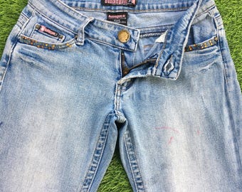 Vaqueros bota de tiro bajo estilo años 2000, tela vaquera elástica, efecto desgastado (W24 L28)