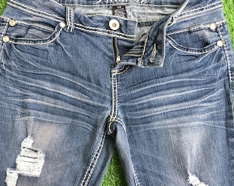 Y2K Low Rise Distressed Bootcut Jeans W30 L30, Vintage Ripped Denim Flared Denim Pants