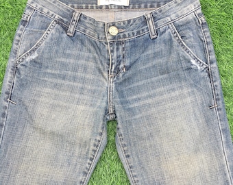 Y2K Low Rise Distressed Flare Jeans W28 L34 Flap Pocket, Vintage Bootcut Flared Denim Pants, waist 28"