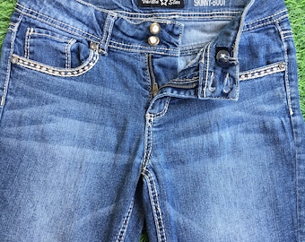 Distressed slim-bootjeans W27 L29 lage taille wijde pijpen uitlopende Y2K-denimjeans met contrasterend stiksel, taille 27"