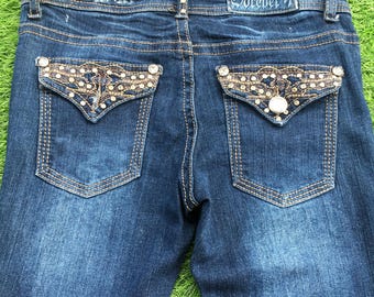 Y2K LOW RISE Bootcut Jeans Faded Denim Women Forever 17 embellished embroidered Flare Jeans, waist 28"