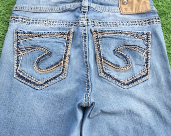 Größe 27 Y2K Low Rise Slim Boot Jeans W27 L30 Silber Jeans, Dreifach-Stich bestickt Schlaghose
