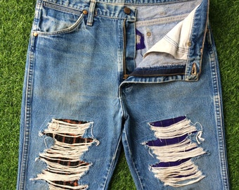 Vintage Wrangler Western Jeans, Distressed Ripped Patchwork, Made In USA