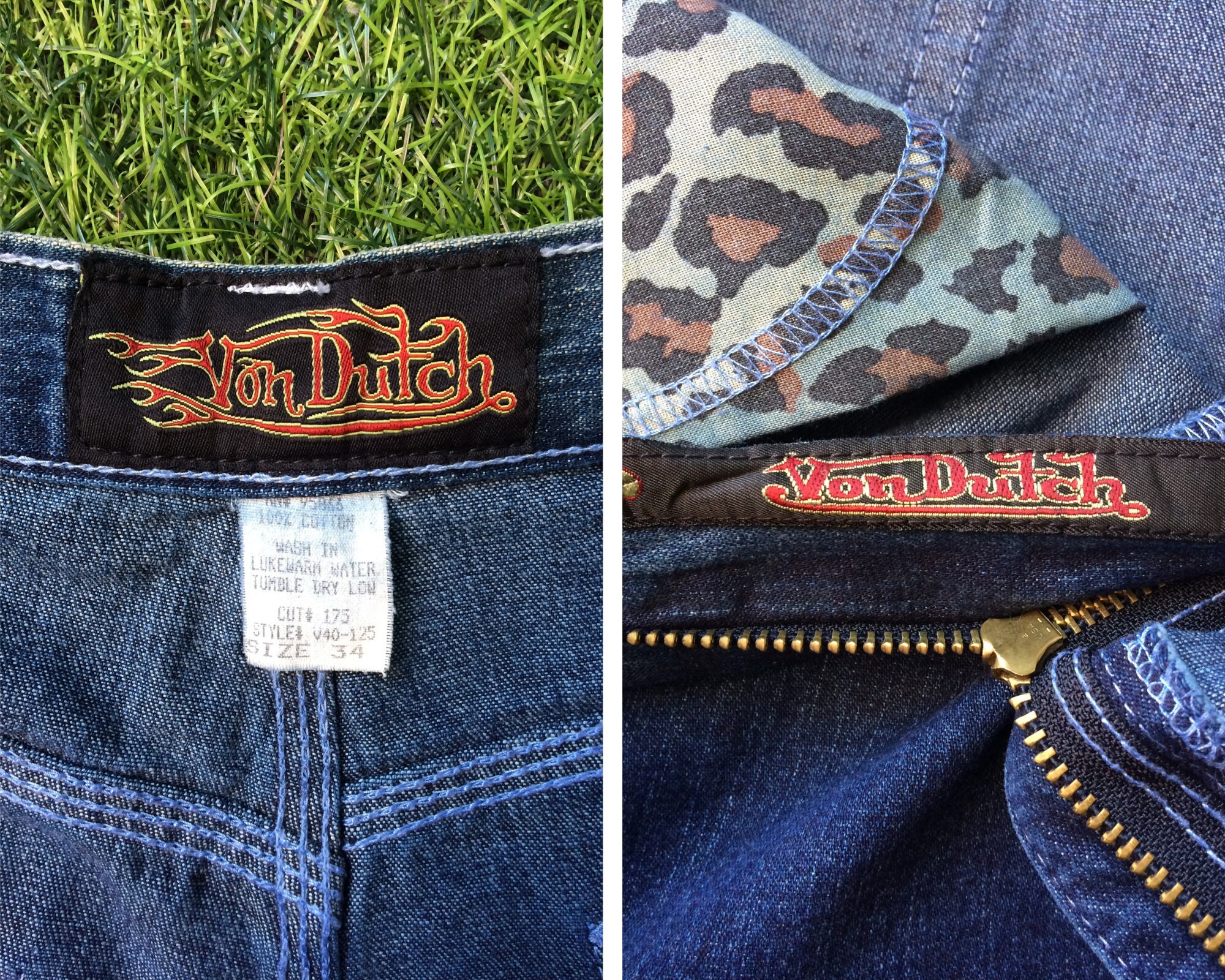 ヴィンテージ Y2K Von Dutch Flame ジーンズ、サイズ 34、ワイドレッグ 