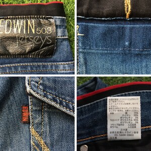 May include: Close-up of blue denim jeans with a black waistband and red stripe. The jeans feature a leather patch with "EDWIN 503 Jerseys" and a small red "EDWIN" tag. The fabric composition is 75% cotton, 20% nylon, and 5% polyurethane.