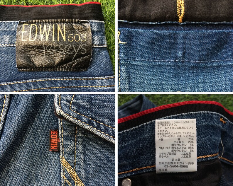 May include: Close-up of blue denim jeans with a black waistband and red stripe. The jeans feature a leather patch with "EDWIN 503 Jerseys" and a small red "EDWIN" tag. The fabric composition is 75% cotton, 20% nylon, and 5% polyurethane.