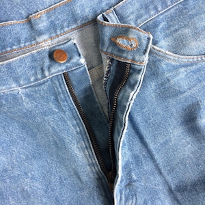May include: Close-up of a pair of blue denim jeans with a zipper and a button closure. The zipper is partially open.