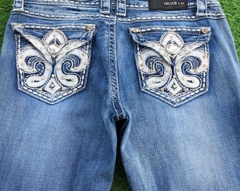 Größe 28 Y2K Low Rise verzierte Bootcut Jeans, Taille 30