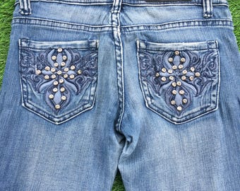 Pantalones vaqueros de tiro bajo bordados, estilo grunge de los 2000, talla W27 L33