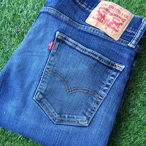 Size 33 Vintage Distressed Levis 514 Jeans W33 L32 Faded Dark Wash Stretch Denim Regular Fit Straight Leg Jeans Waist 33"